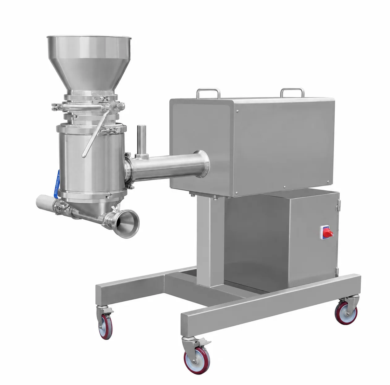 Complete stainless steel conical mill with mobile support frame and control enclosure